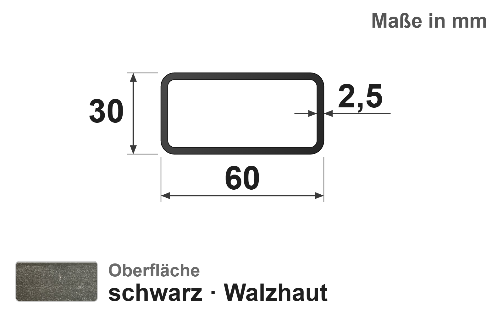 Rechteckrohr 60x30x2,5 mm, "schwarz", EN10219/EN10025, S235JRH