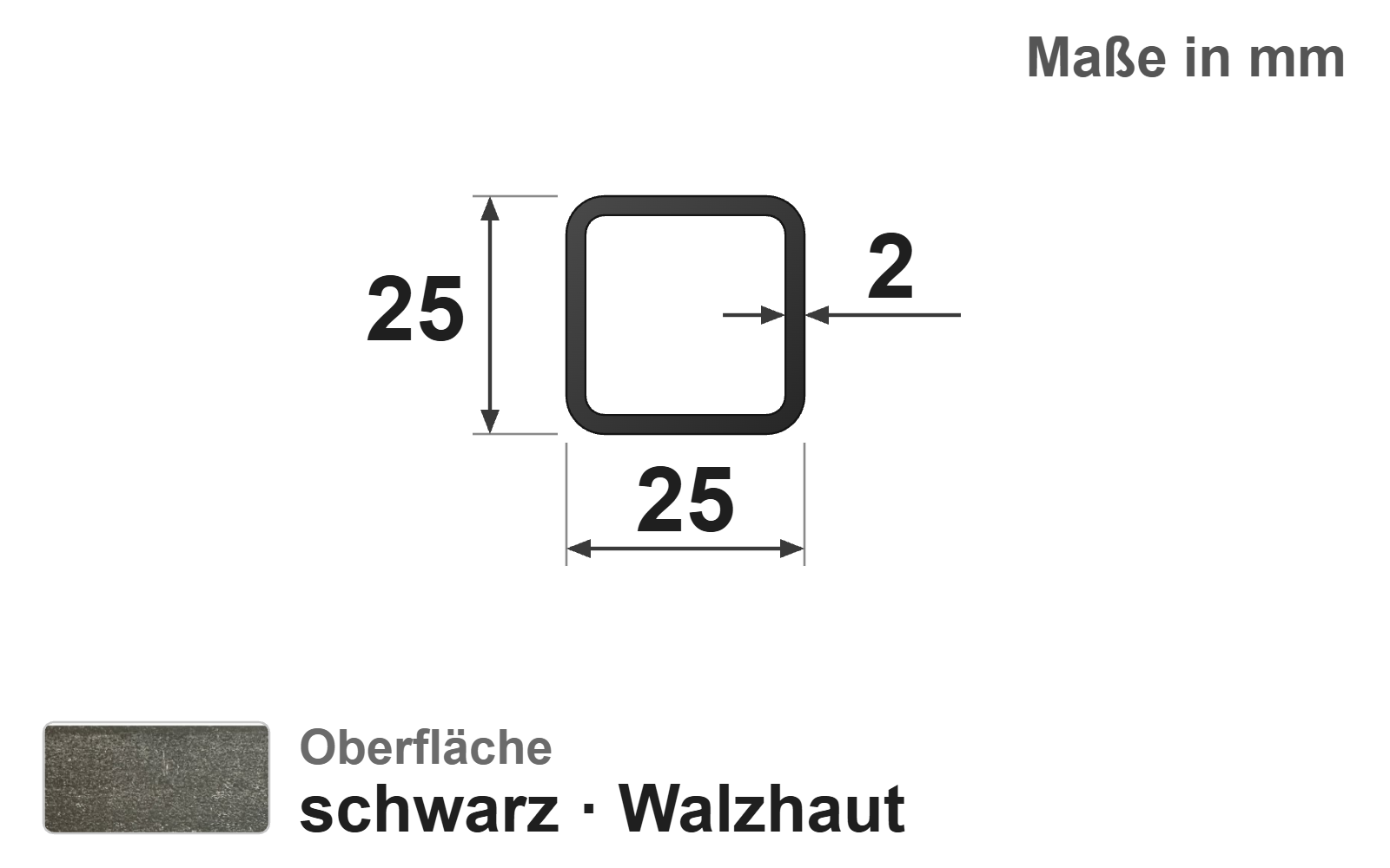 Quadratrohr 25x25x2,0 mm, "schwarz", EN10219/EN10025, S235JRH