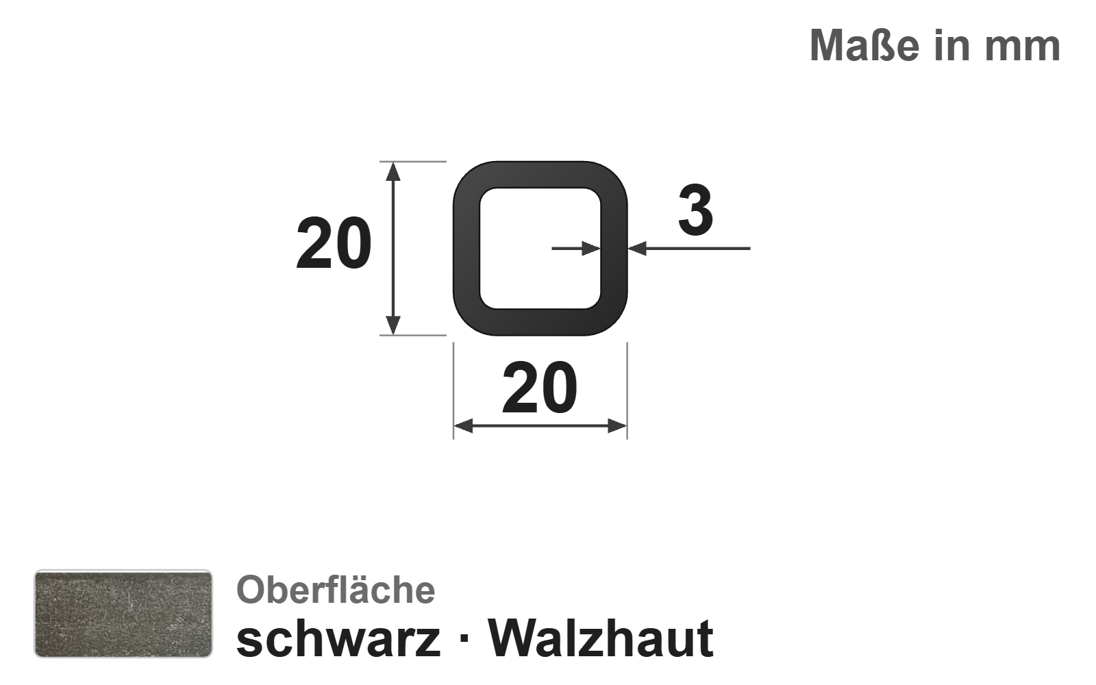 Quadratrohr 20x20x3,0 mm, "schwarz", EN10219/EN10025, S235JRH