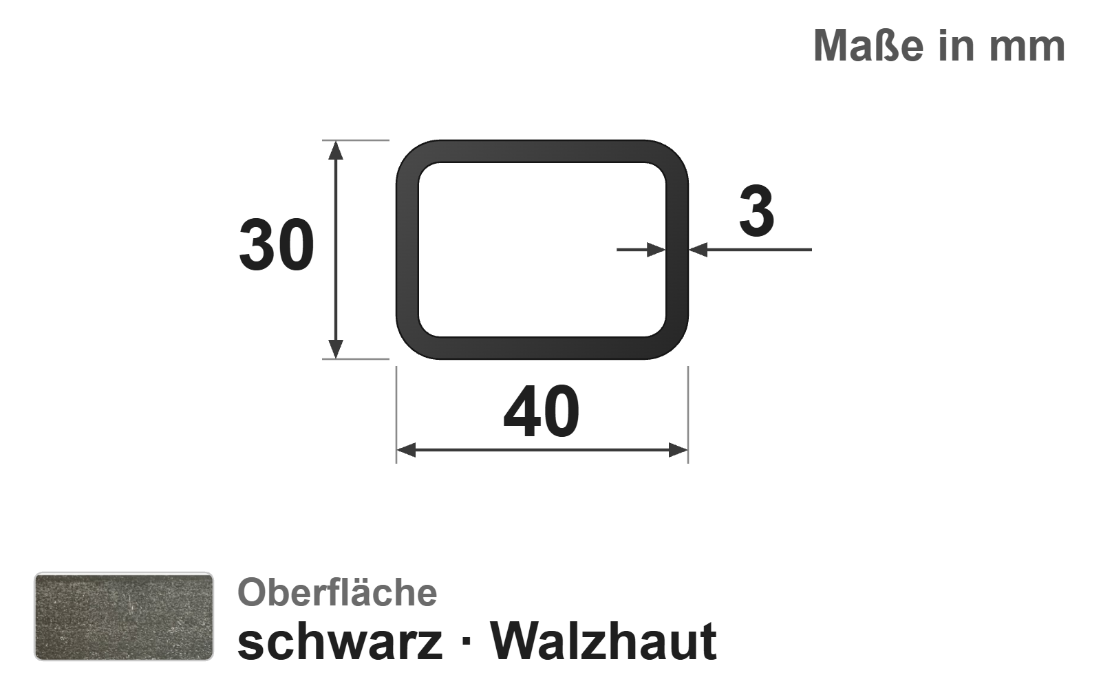 Rechteckrohr 40x30x3,0 mm, "schwarz", EN10219/EN10025, S235JRH