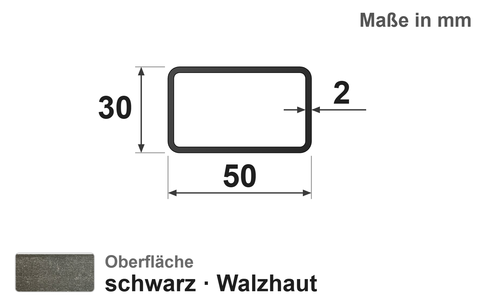 Rechteckrohr 50x30x2,0 mm, "schwarz", EN10219/EN10025, S235JRH