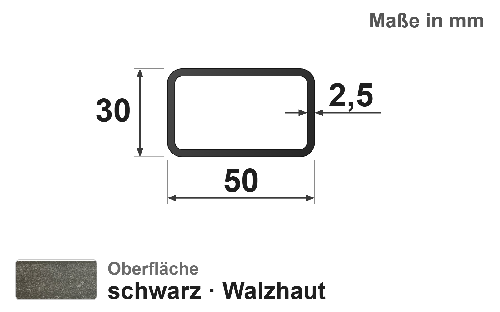 Rechteckrohr 50x30x2,5 mm, "schwarz", EN10219/EN10025, S235JRH