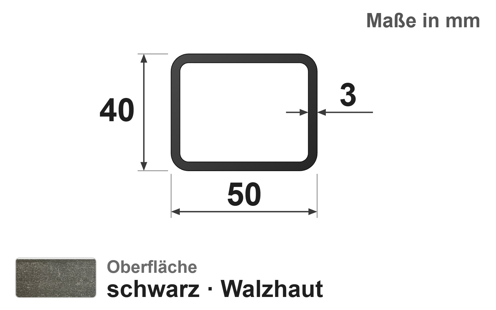 Rechteckrohr 50x40x3,0 mm, "schwarz", EN10219/EN10025, S235JRH