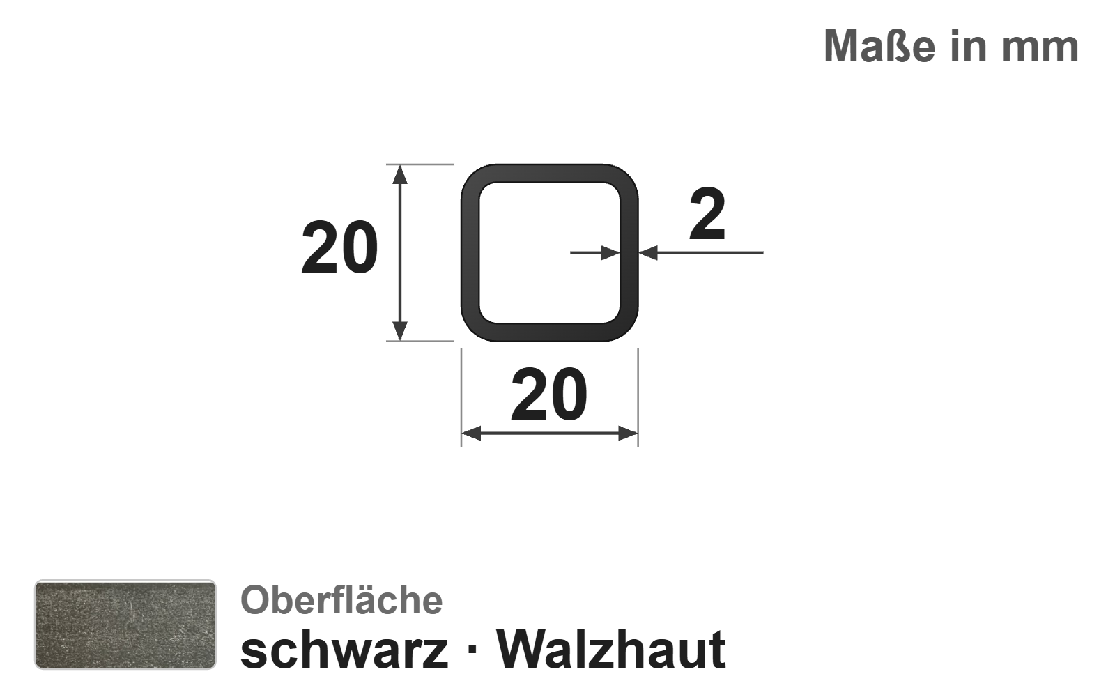 Quadratrohr 20x20x2,0 mm, "schwarz", EN10219/EN10025, S235JRH