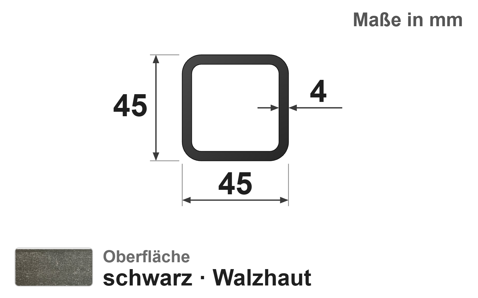 Quadratrohr 45x45x4,0 mm, "schwarz", EN10219/EN10025, S235JRH