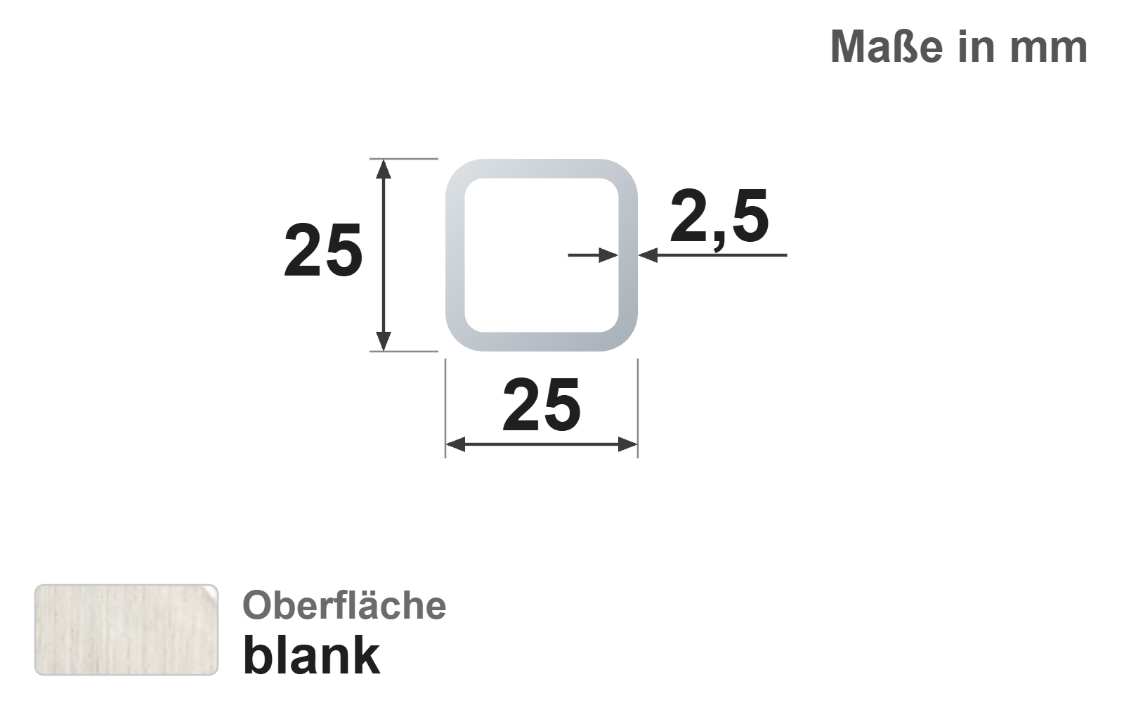 Quadratrohr 25x25x2,5 mm, blank, EN10305-5, E220/E235
