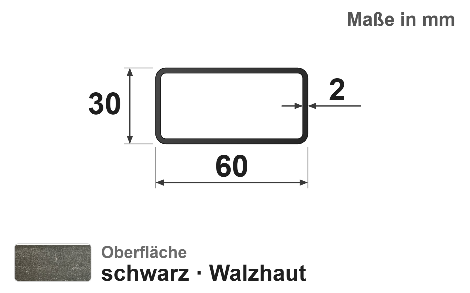 Rechteckrohr 60x30x2,0 mm, "schwarz", EN10219/EN10025, S235JRH