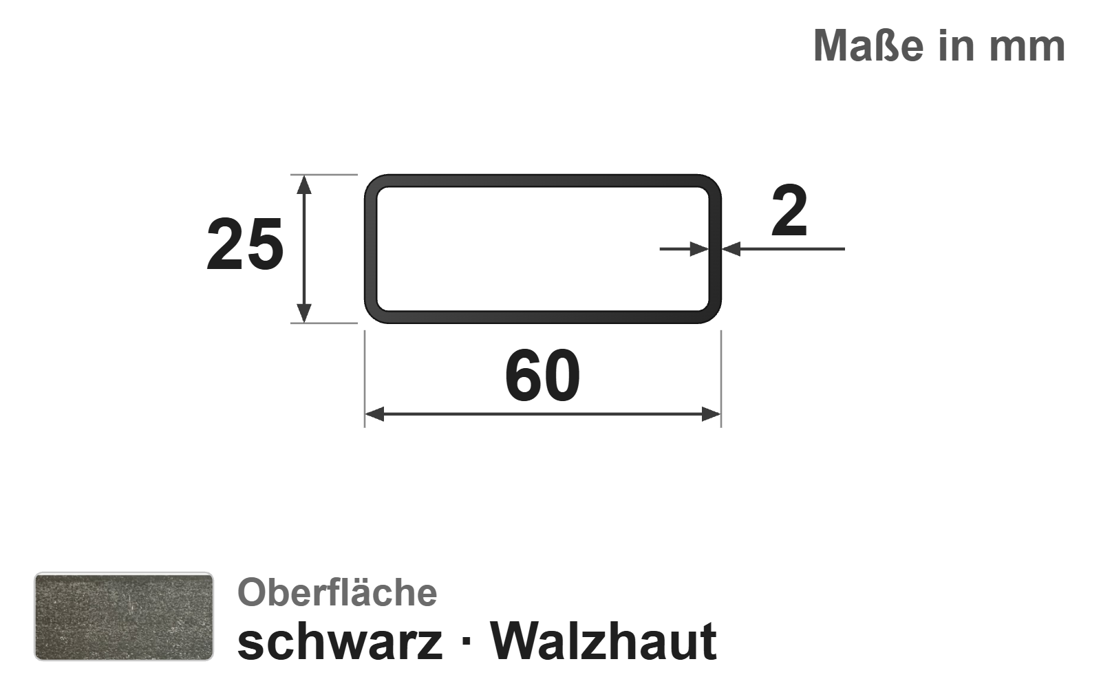 Rechteckrohr 60x25x2,0 mm, "schwarz", EN10219/EN10025, S235JRH