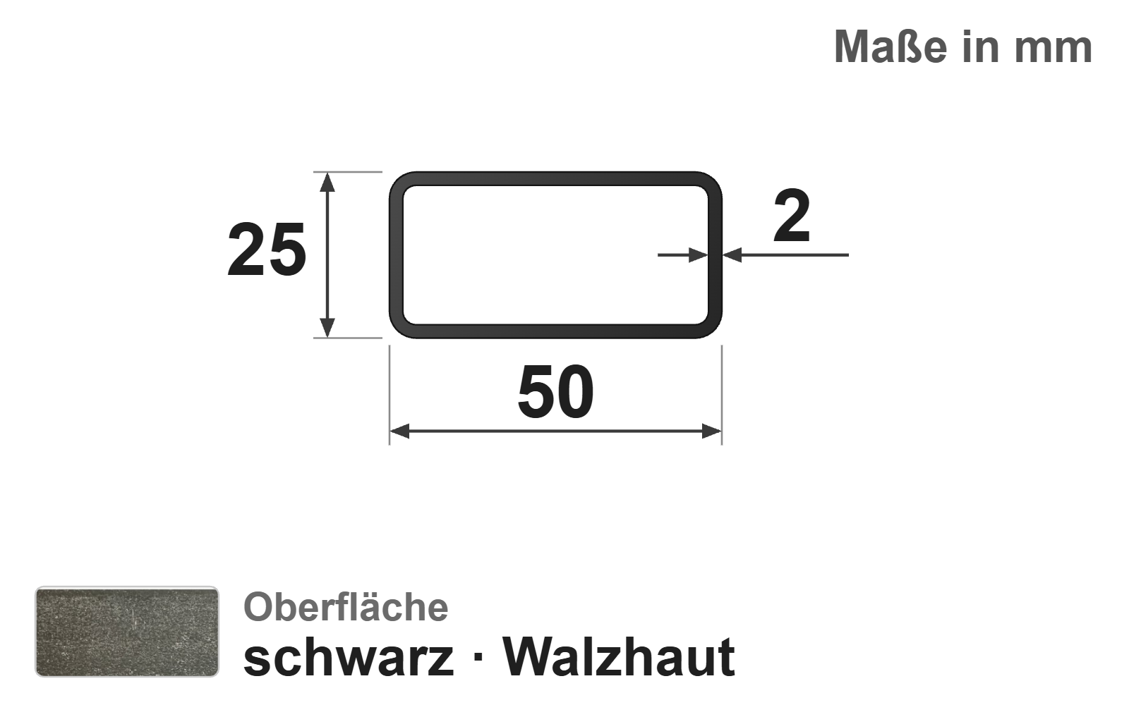 Rechteckrohr 50x25x2,0 mm, "schwarz", EN10219/EN10025, S235JRH