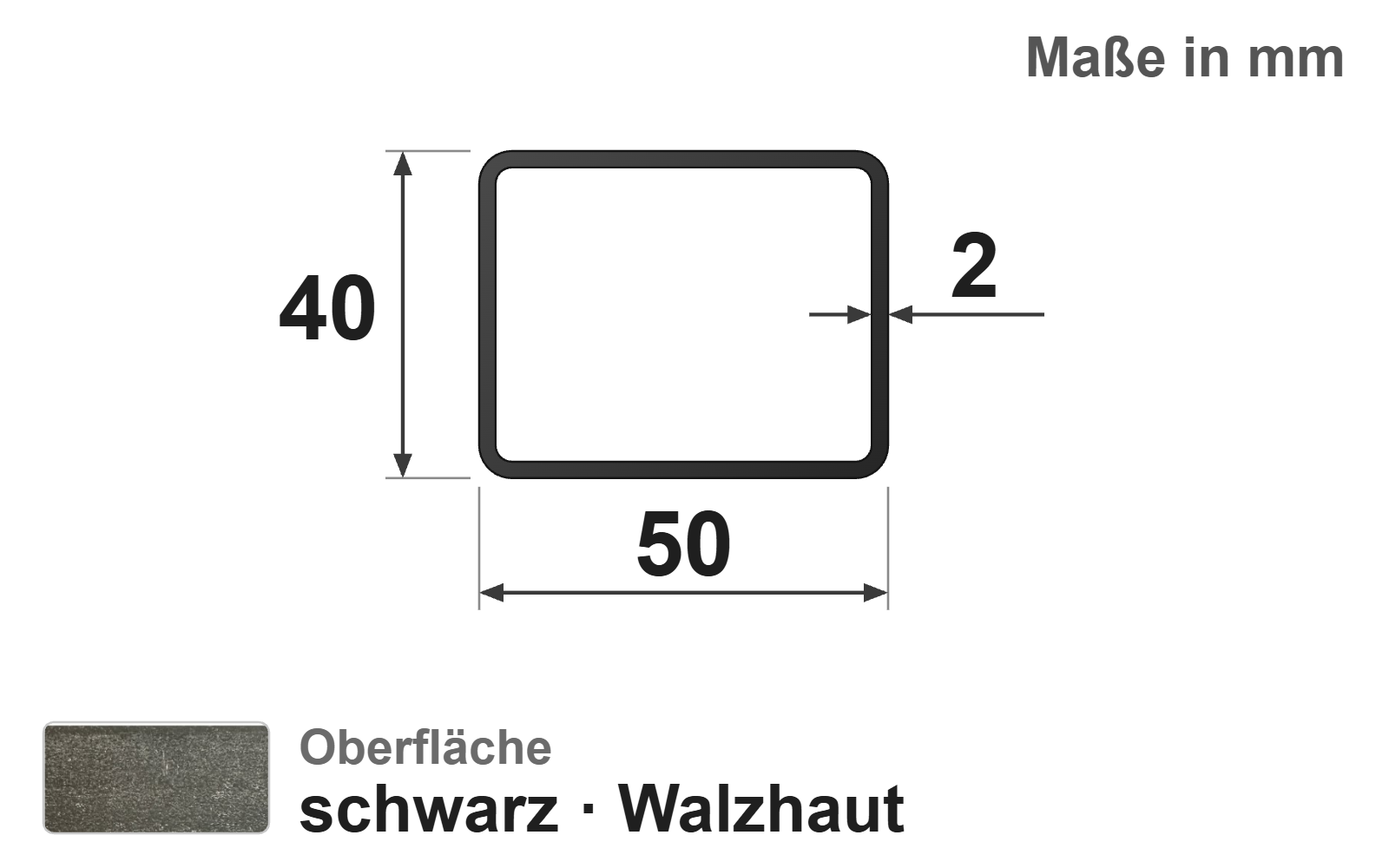 Rechteckrohr 50x40x2,0 mm, "schwarz", EN10219/EN10025, S235JRH