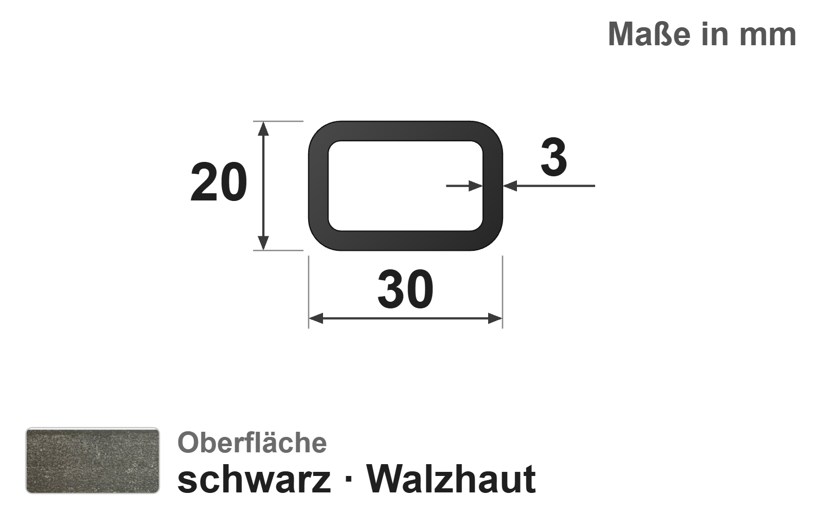 Rechteckrohr 30x20x3,0 mm, "schwarz", EN10219/EN10025, S235JRH