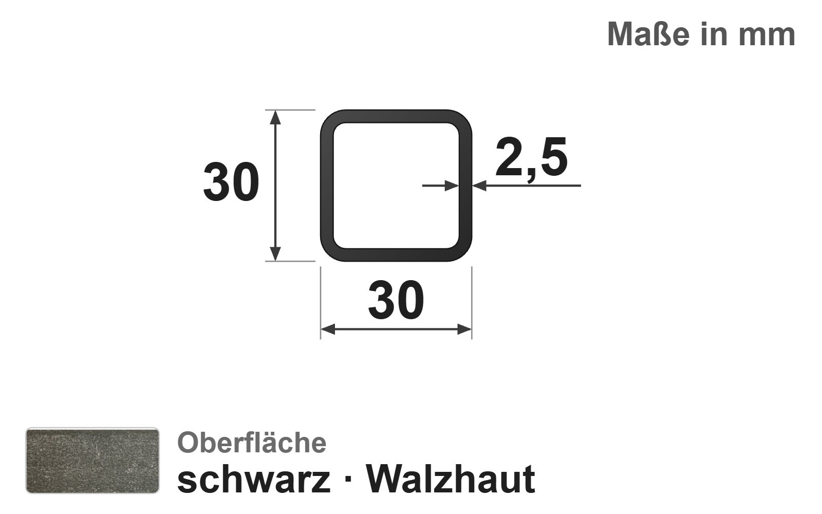 Quadratrohr 30x30x2,5 mm, "schwarz", EN10219/EN10025, S235JRH
