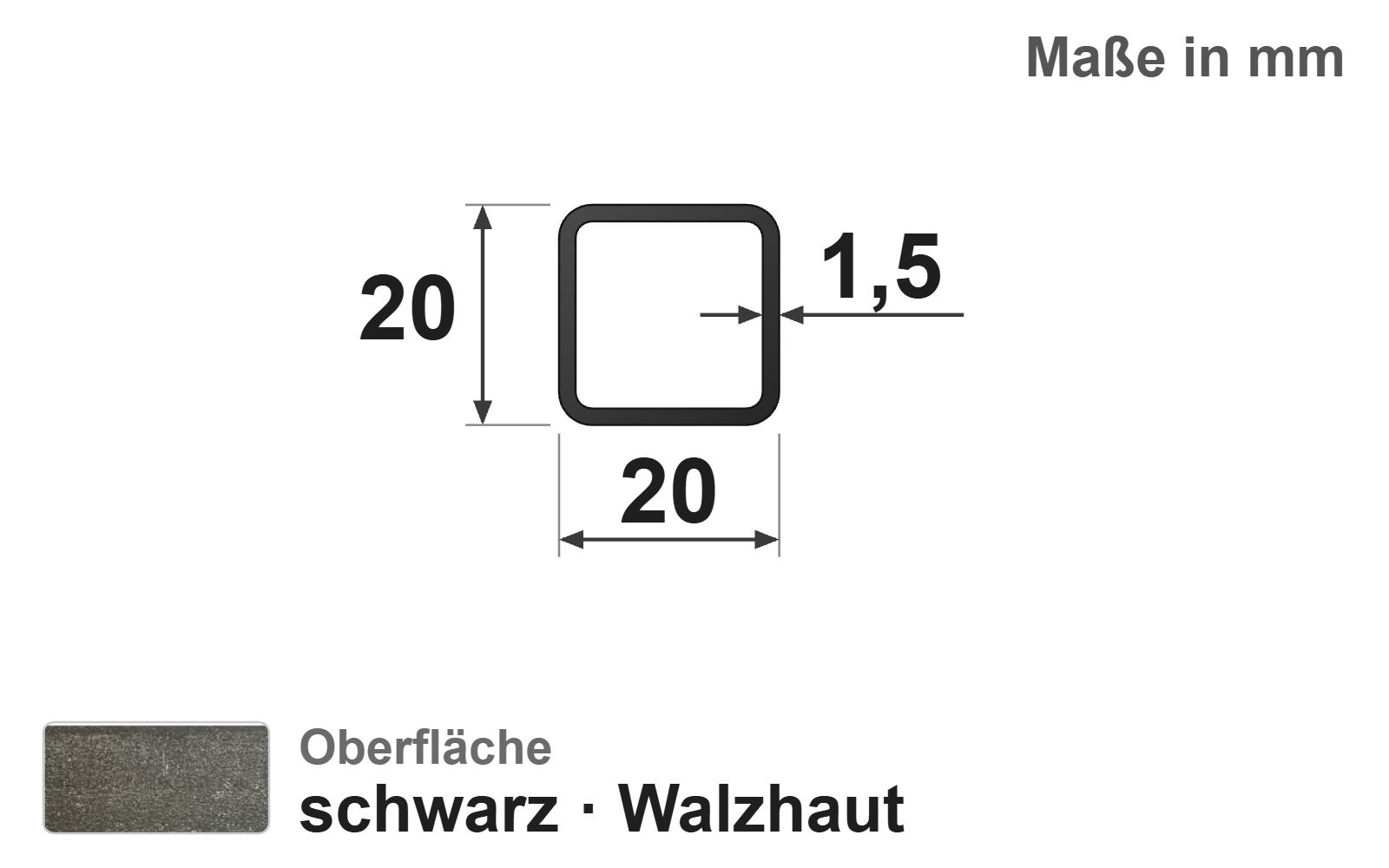 Quadratrohr 20x20x1,5 mm, "schwarz", EN10219/EN10025, S235JRH