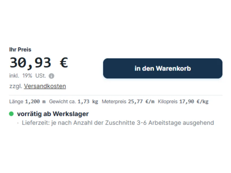 Konfigurator: Preisbox mit Preis, Lieferzeit und Warenkorb-Knopf
