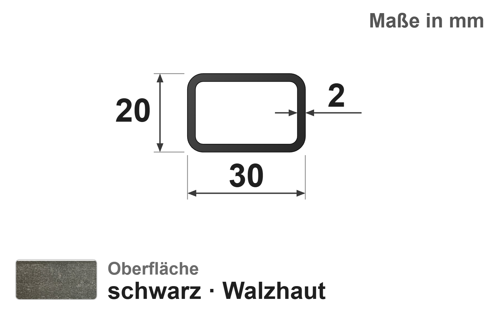 Rechteckrohr 30x20x2,0 mm, "schwarz", EN10219/EN10025, S235JRH