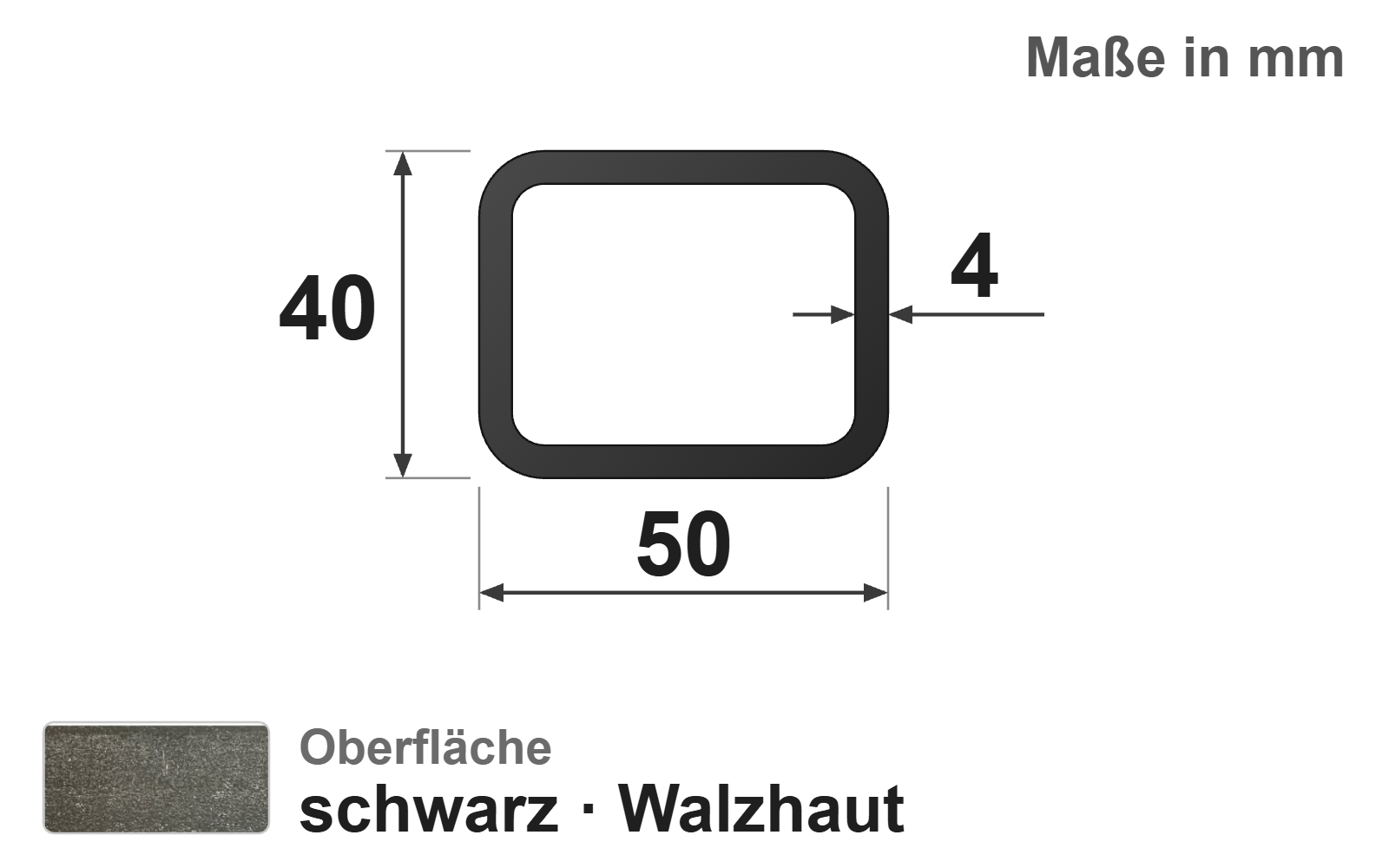 Rechteckrohr 50x40x4,0 mm, "schwarz", EN10219/EN10025, S235JRH