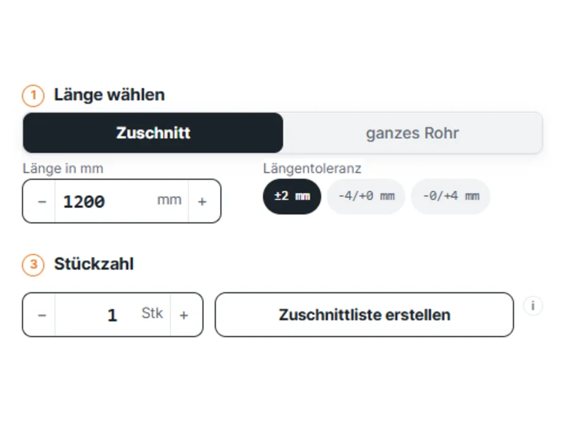 Konfigurator: Länge, Längentoleranz und Stückzahl eingeben