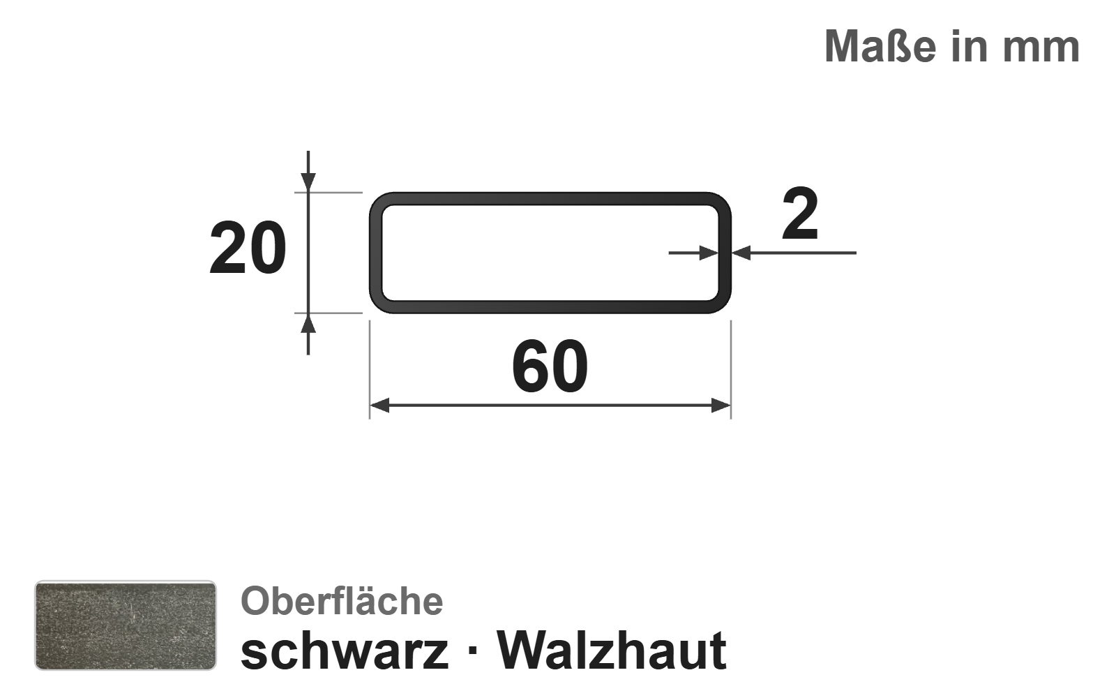 Rechteckrohr 60x20x2,0 mm, "schwarz", EN10219/EN10025, S235JRH