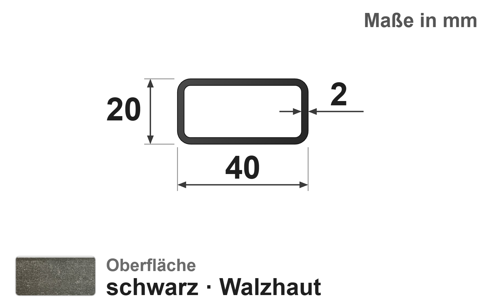 Rechteckrohr 40x20x2,0 mm, "schwarz", EN10219/EN10025, S235JRH