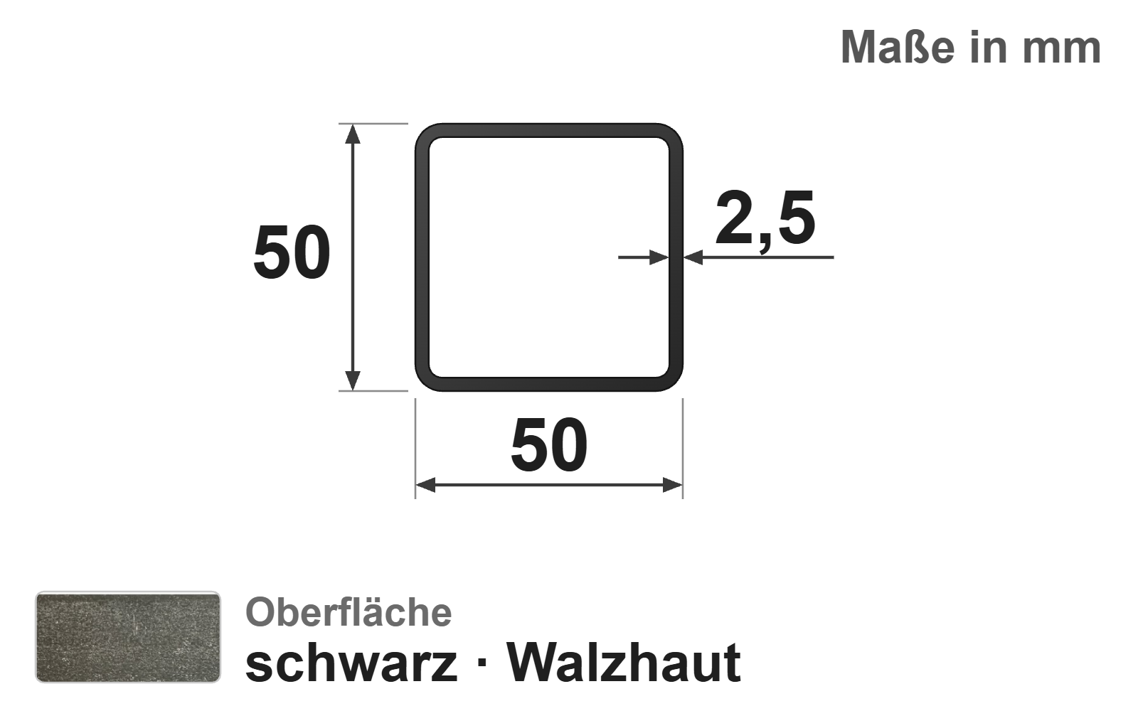 Quadratrohr 50x50x2,5 mm, "schwarz", EN10219/EN10025, S235JRH