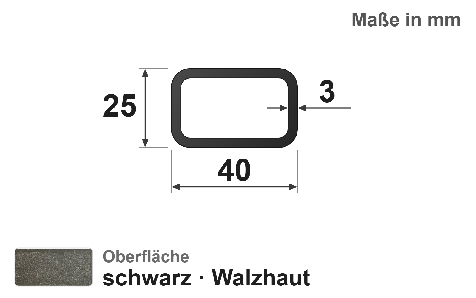 Rechteckrohr 40x25x3,0 mm, "schwarz", EN10219/EN10025, S235JRH
