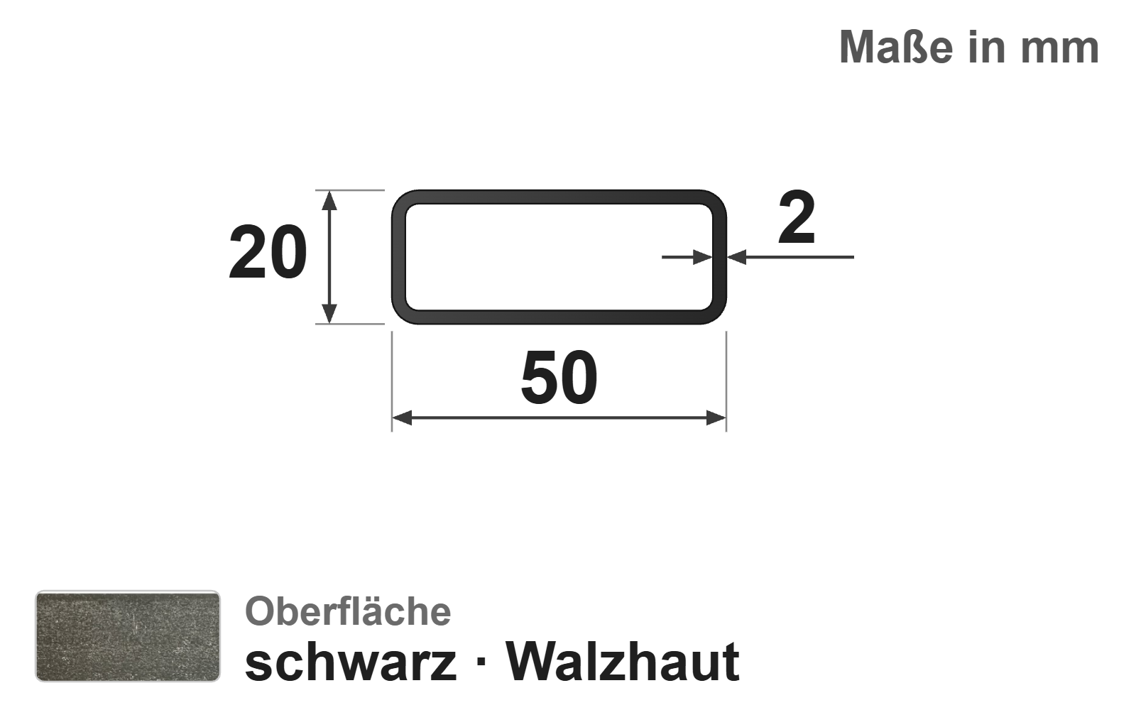 Rechteckrohr 50x20x2,0 mm, "schwarz", EN10219/EN10025, S235JRH