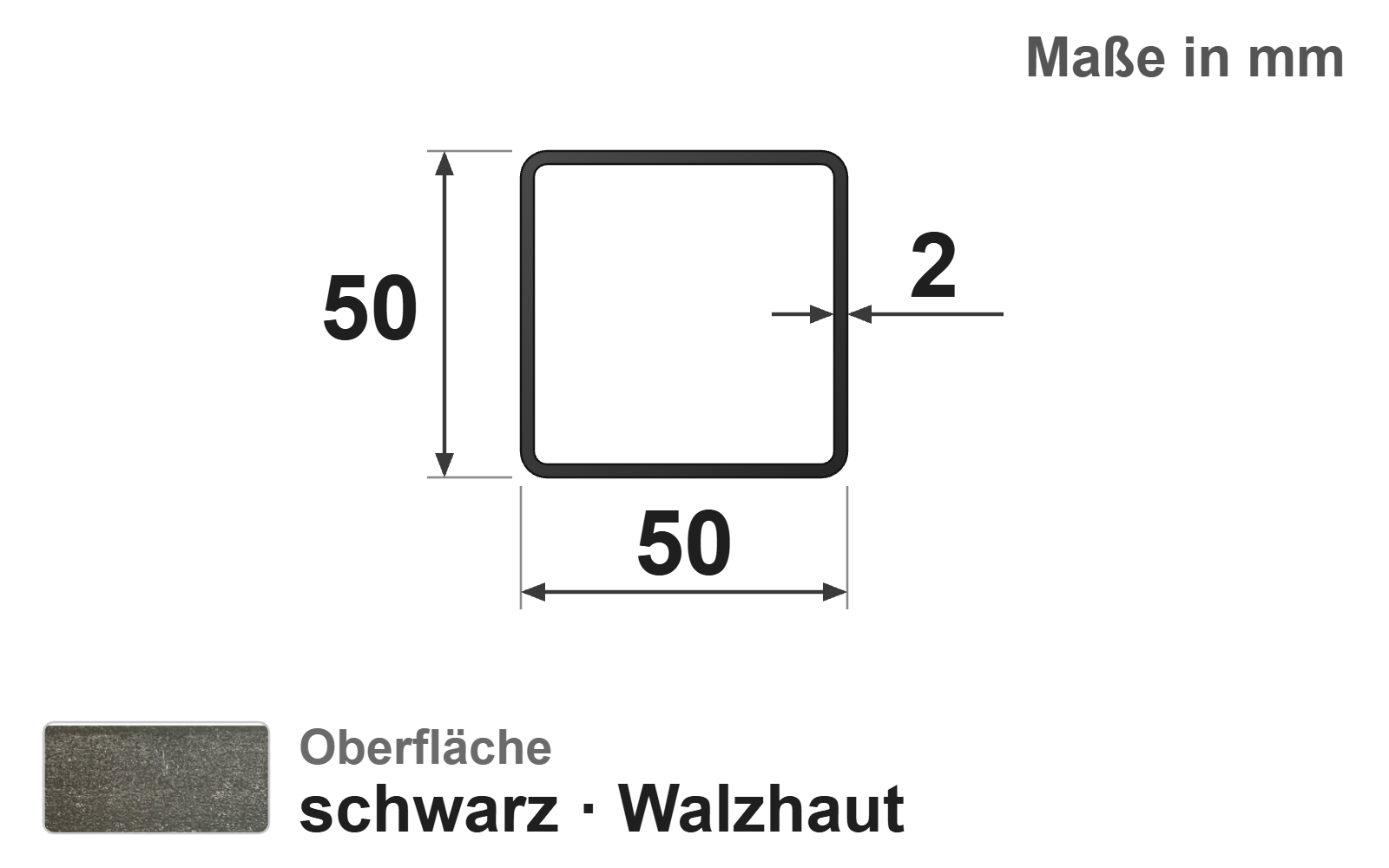 Quadratrohr 50x50x2,0 mm, "schwarz", EN10219/EN10025, S235JRH