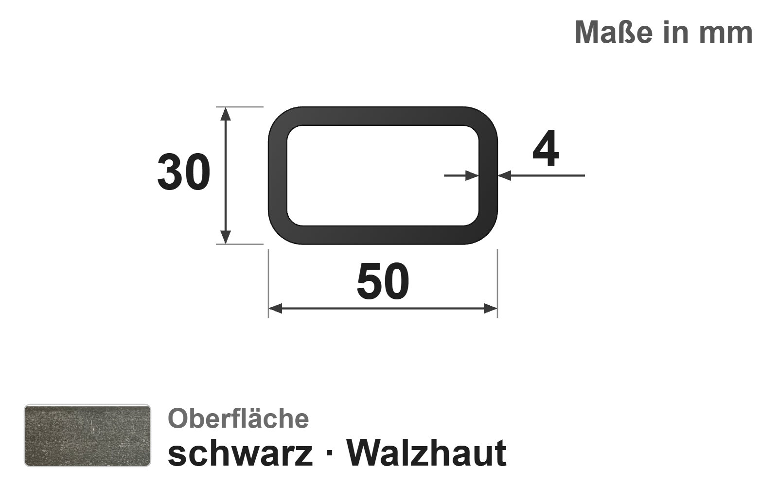 Rechteckrohr 50x30x4,0 mm, "schwarz", EN10219/EN10025, S235JRH