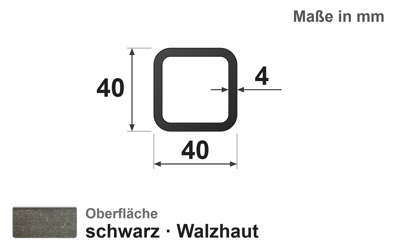 Quadratrohr 40x40x4,0 mm, "schwarz", EN10219/EN10025, S235JRH