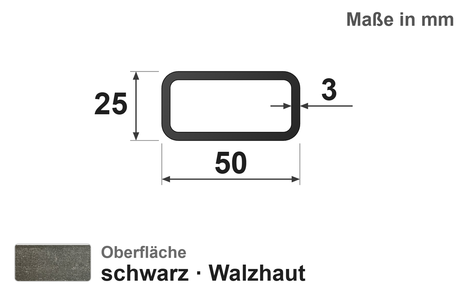 Rechteckrohr 50x25x3,0 mm, "schwarz", EN10219/EN10025, S235JRH