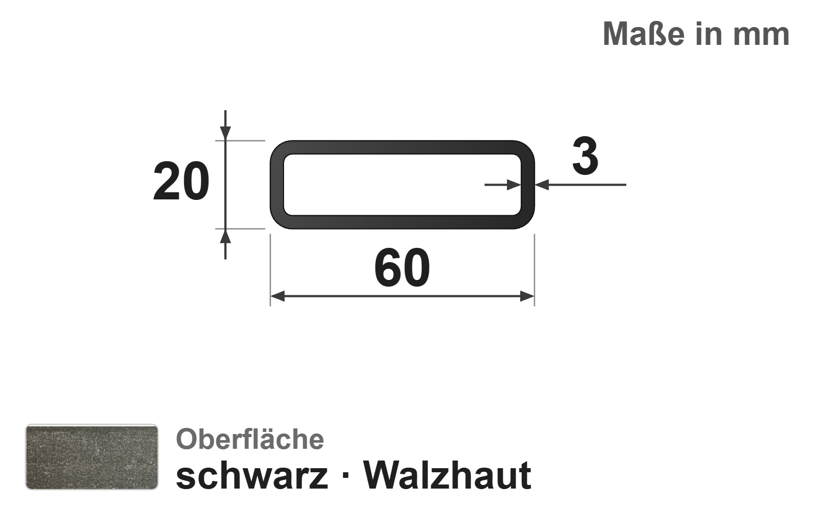 Rechteckrohr 60x20x3,0 mm, "schwarz", EN10219/EN10025, S235JRH